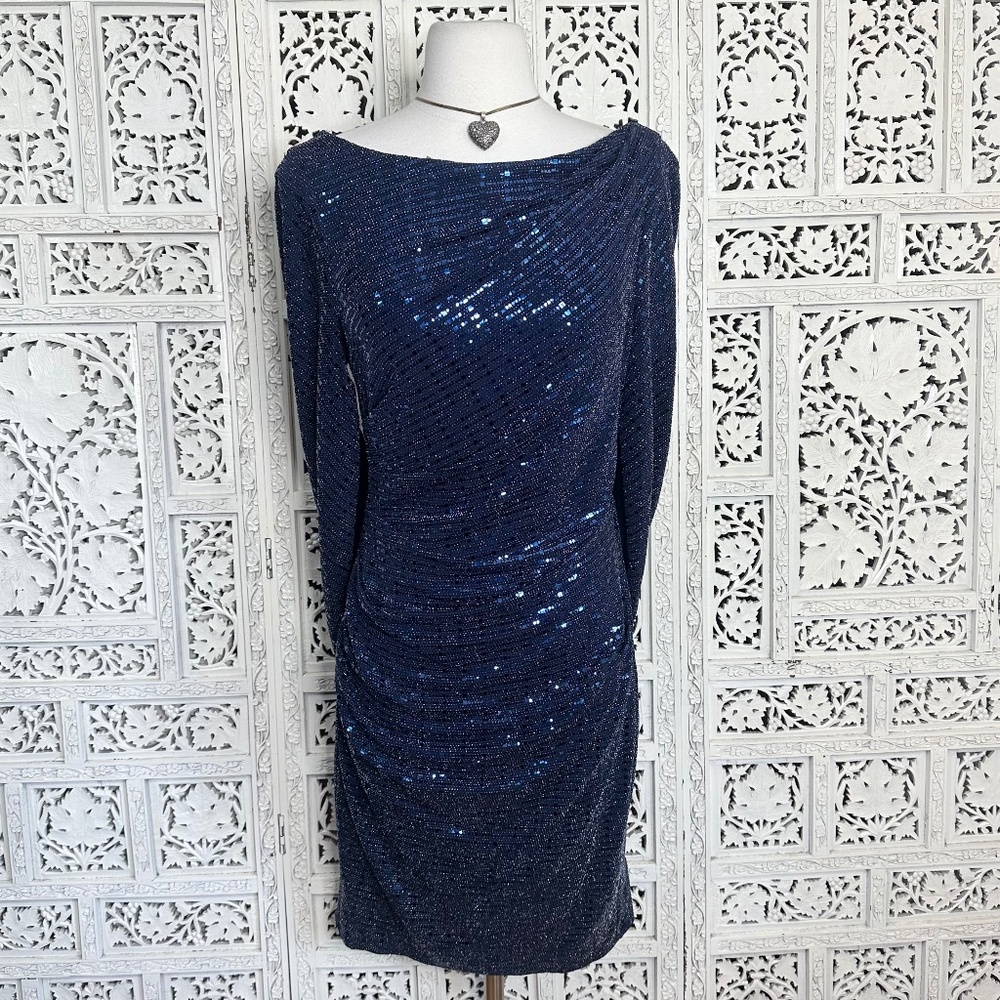 R&M Richards Sparkly Shimmer Fairycore Navy Blue Knee Length‎ Dress With Cape
